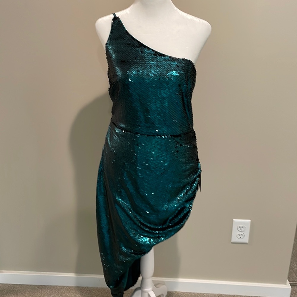 Dark green sequined assymetrical dress